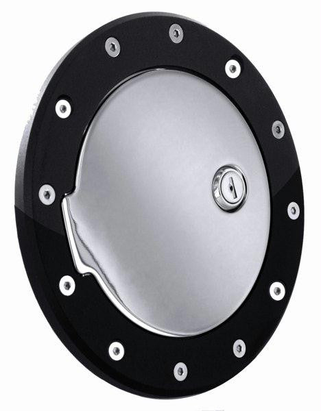 All Sales Race Style Billet Fuel Dr  7 1-8 Ring O.D.  5 1-8 Door O.D.-Gloss Black Ring and Chrome Locking Door