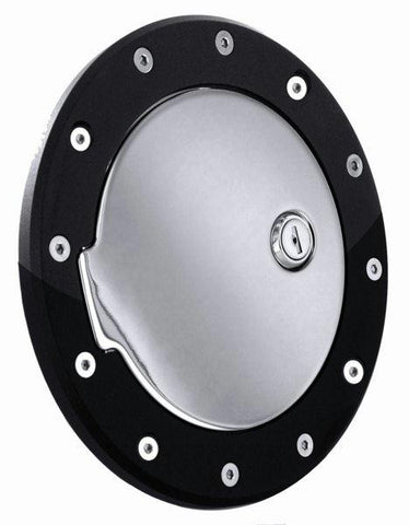 All Sales Race Style Billet Fuel Dr  7 1-8 Ring O.D.  5 1-8 Door O.D.-Gloss Black Ring and Chrome Locking Door